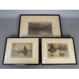 Three framed, coloured etchings each depicting a harbour side scene,