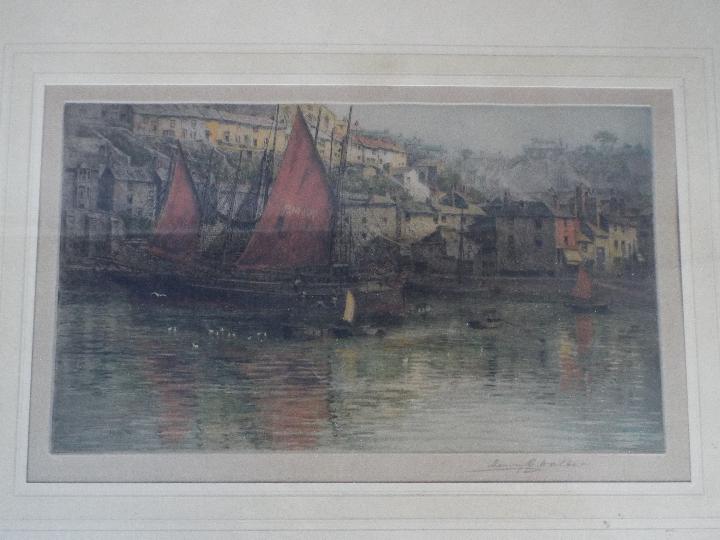 Three framed, coloured etchings each depicting a harbour side scene, - Image 4 of 4
