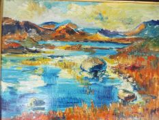 James Lawrence Isherwood (British, 1917 - 1989), framed oil on board landscape of a Scottish Loch,
