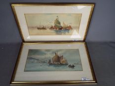 Two framed watercolours of maritime theme, each approximately 19 cm x 42 cm image size.