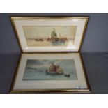Two framed watercolours of maritime theme, each approximately 19 cm x 42 cm image size.