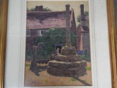 John McDougal, watercolour depicting a cottage and village monument, signed lower left,