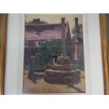 John McDougal, watercolour depicting a cottage and village monument, signed lower left,