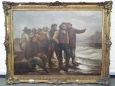 P Duval - A 19th century framed oil on canvas depicting a group of fishermen looking out to sea,