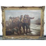 P Duval - A 19th century framed oil on canvas depicting a group of fishermen looking out to sea,