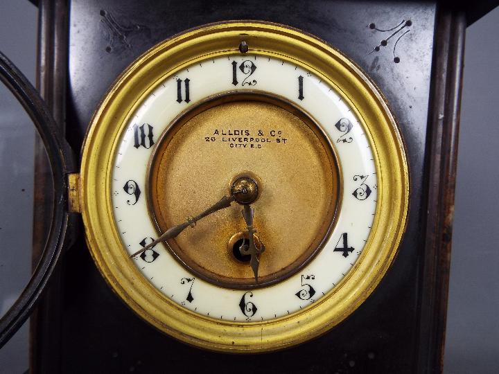 A mantel clock marked to the dial Alldis & Co 26 Liverpool St, with pendulum, - Image 2 of 7