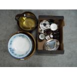 A mixed lot to include ceramics, plated ware, cased opera glasses, tribal carvings,