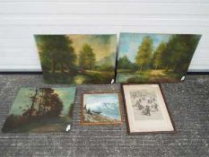 A collection of pictures to include oils on panel and a framed and glazed etching,