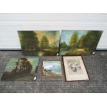 A collection of pictures to include oils on panel and a framed and glazed etching,