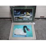 Two framed works in acrylic, the first depicting a black necked swan and cygnet,