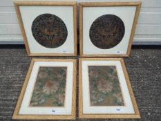 Four framed embroideries, largest approximately 29 cm x 20 cm image size.