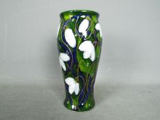 Anita Harris "Snowdrop" Vase - Hand painted in greens, blues and white flower.