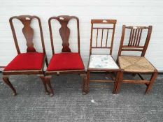 Four chairs, two with upholstered seats, one with inlaid decoration and rush seat and one other.