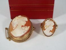 A 9ct gold mounted cameo brooch and ring, brooch approximately 3.5 cm x 2.