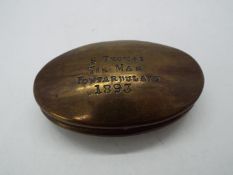 A traditional Welsh brass miner's snuff box, late Victorian, engraved 'S Thomas, Tin Man,