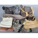 A quantity of handbags and a Taube Collection sheepskin coat, size 18.