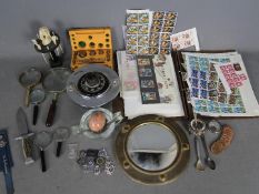 A mixed lot of collectables to include magnifying glasses, glass ashtray, boxed weights,
