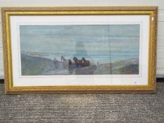 A large framed watercolour depicting two men leading a team of horses up a path from the beach,