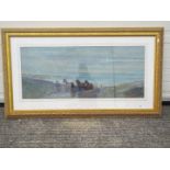 A large framed watercolour depicting two men leading a team of horses up a path from the beach,