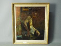 A framed oil on panel depicting a seated lady, approximately 44 cm x 38 cm image size.