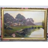 A large framed oil on canvas landscape scene depicting grazing cattle,