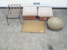 Three vintage footstools and a Chinese brass tray with stand 33 cm x 51 cm x 35 cm.