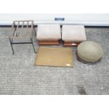 Three vintage footstools and a Chinese brass tray with stand 33 cm x 51 cm x 35 cm.