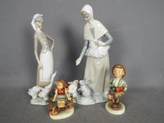 Two Hummel figurines, one Lladro and one Nao, largest approximately 29 cm (h).
