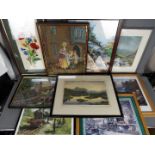 A collection of framed pictures to include prints, needlework, watercolour, varying image sizes.