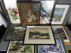 A collection of framed pictures to include prints, needlework, watercolour, varying image sizes.