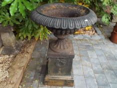 A Victorian cast iron campana urn on a matching cast iron base,