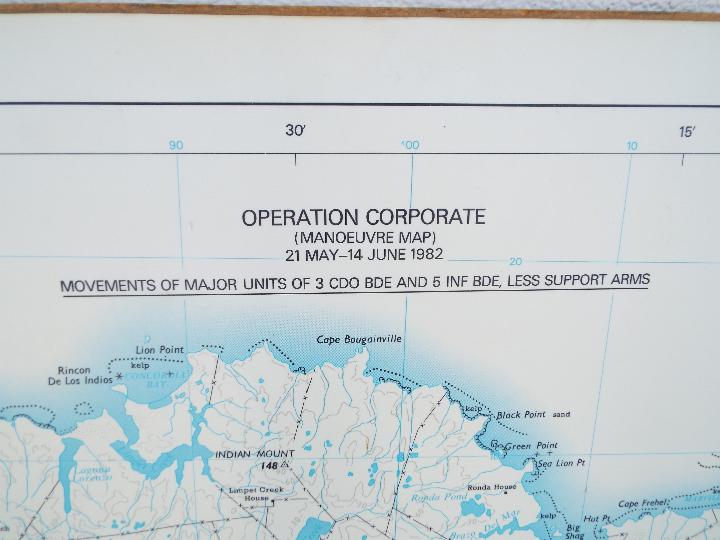 An East Falkland, Operation Corporate manoeuvre map on board, approximately 100 cm x 117 cm. - Image 3 of 5