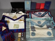 A collection of Masonic regalia and similar and a cased set of Anker technical drawing instruments.