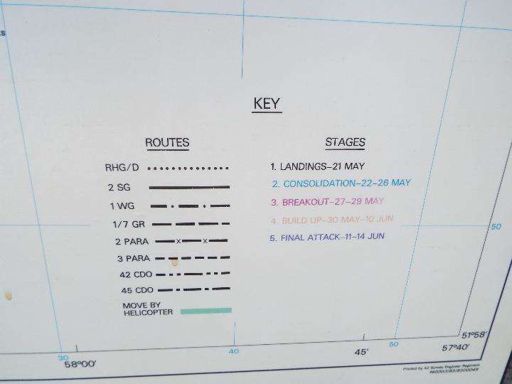 An East Falkland, Operation Corporate manoeuvre map on board, approximately 100 cm x 117 cm. - Image 4 of 5