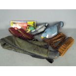 Lot to include five decoys, one duck and four pigeons, an Outers shotgun cleaning kit,