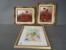 Two framed oil on board still life studies of poppies, signed Devlin and a watercolour of pansies,