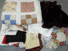 Lot to include vintage linen, fur coat and similar, two boxes.