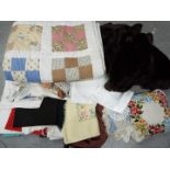 Lot to include vintage linen, fur coat and similar, two boxes.