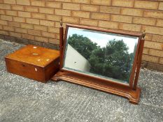 A table top swing mirror, approximately 55 cm x 79 cm x 20 cm and a wooden box with hinged lid,