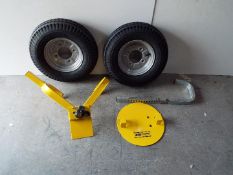 Two x Trailer Tyres and Wheels clamp. Tyre size 120/85-8 62M.