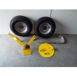 Two x Trailer Tyres and Wheels clamp. Tyre size 120/85-8 62M.