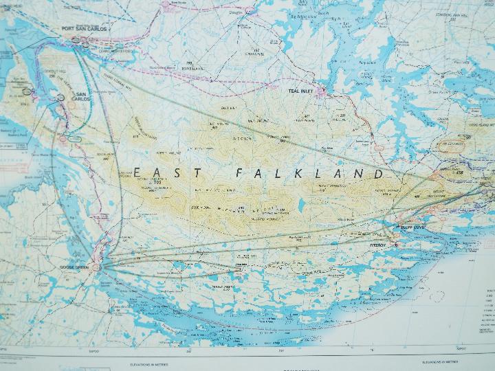 An East Falkland, Operation Corporate manoeuvre map on board, approximately 100 cm x 117 cm. - Image 2 of 5