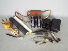 Lot to include cased binoculars, kukri knife, Faber slide rule and a small five draw telescope.