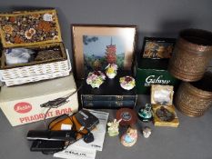 Lot to include a sewing box and contents, boxed Galway crystal wine glasses, Mdina paperweight,