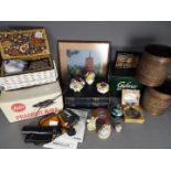 Lot to include a sewing box and contents, boxed Galway crystal wine glasses, Mdina paperweight,