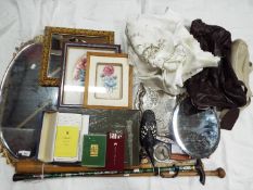 A mixed lot to include vintage linen, plated ware, pictures, coins, walking sticks,