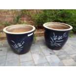 A pair of stoneware garden planters, Oxford blue with floral decoration,