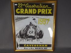 A framed poster for the 22nd Australian Grand Prix 1957, Caversham, approximately 58 cm x 47 cm.