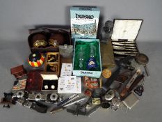 A mixed lot of collectables to include bowls, glassware, hip flask, playing cards,