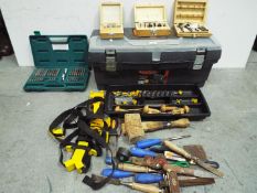 B & Q Toolbox with various Wood working tools. Drill bits, Chisels, Etc.